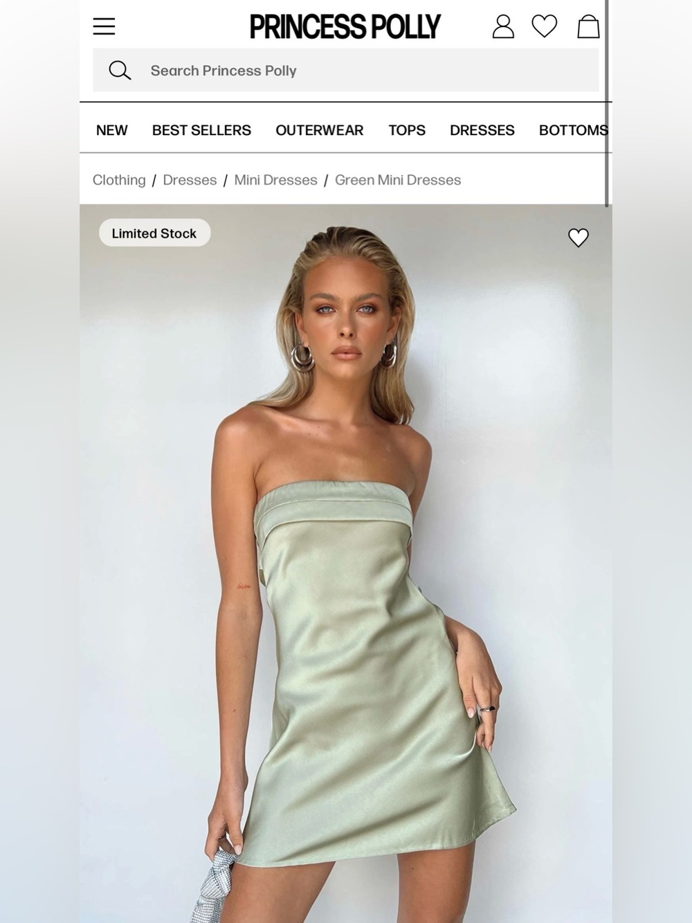 Princess Polly Strapless Satin Mini Dress in Sage Green